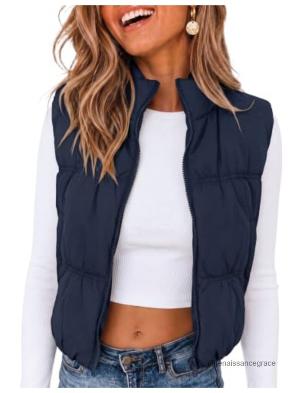 Women's Cropped Puffer Vest Zip Up Stand Collar Lightweight Sleeveless Padded